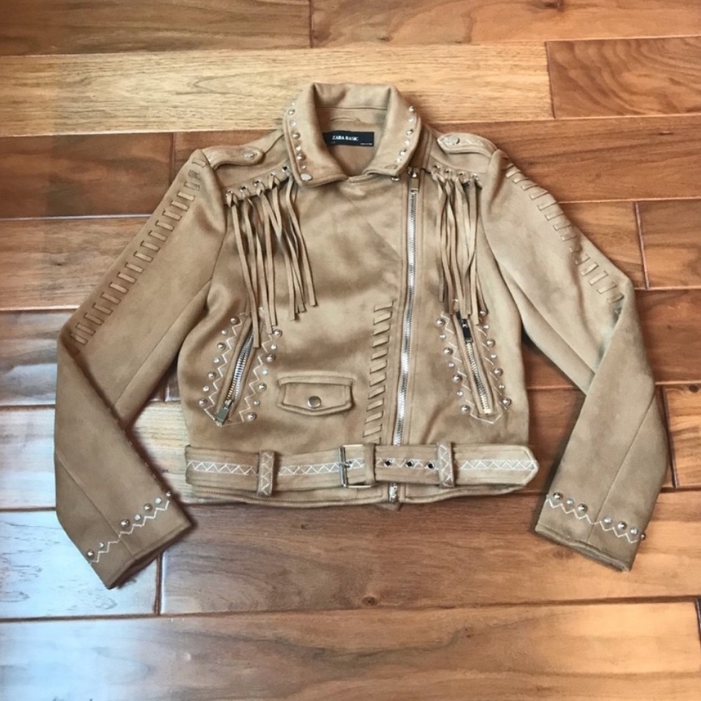 Zara Faux Suede Fringe Biker Jacket Stud Detail small EUC - Picture 7 of 16